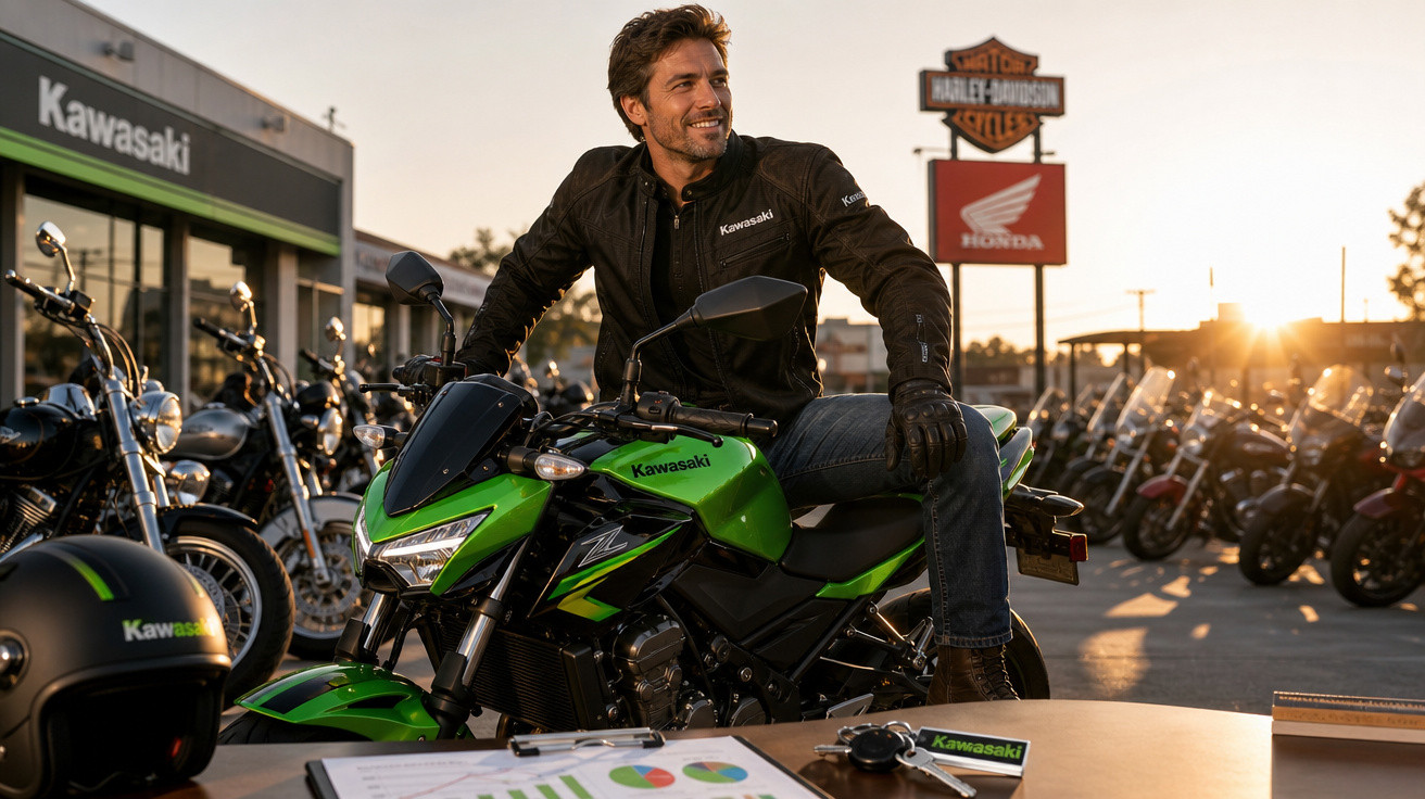 Homem sorridente sentado numa mota verde Kawasaki numa loja de motas ao pôr do sol.