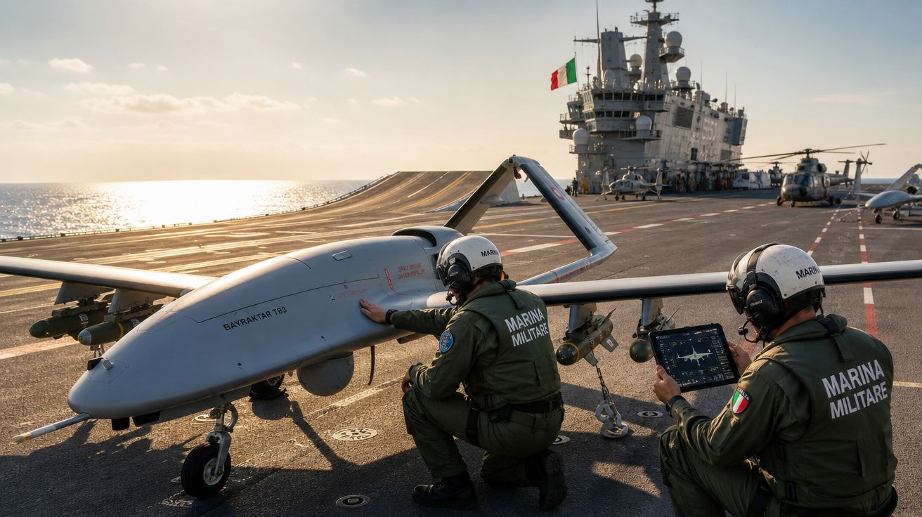 Militares da Marinha Italiana preparam drone Bayraktar TB2 numa plataforma de porta-aviões ao pôr do sol.