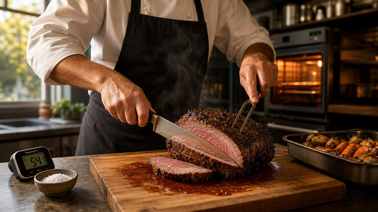 Chef a cortar carne assada suculenta numa tábua de madeira numa cozinha profissional iluminada.