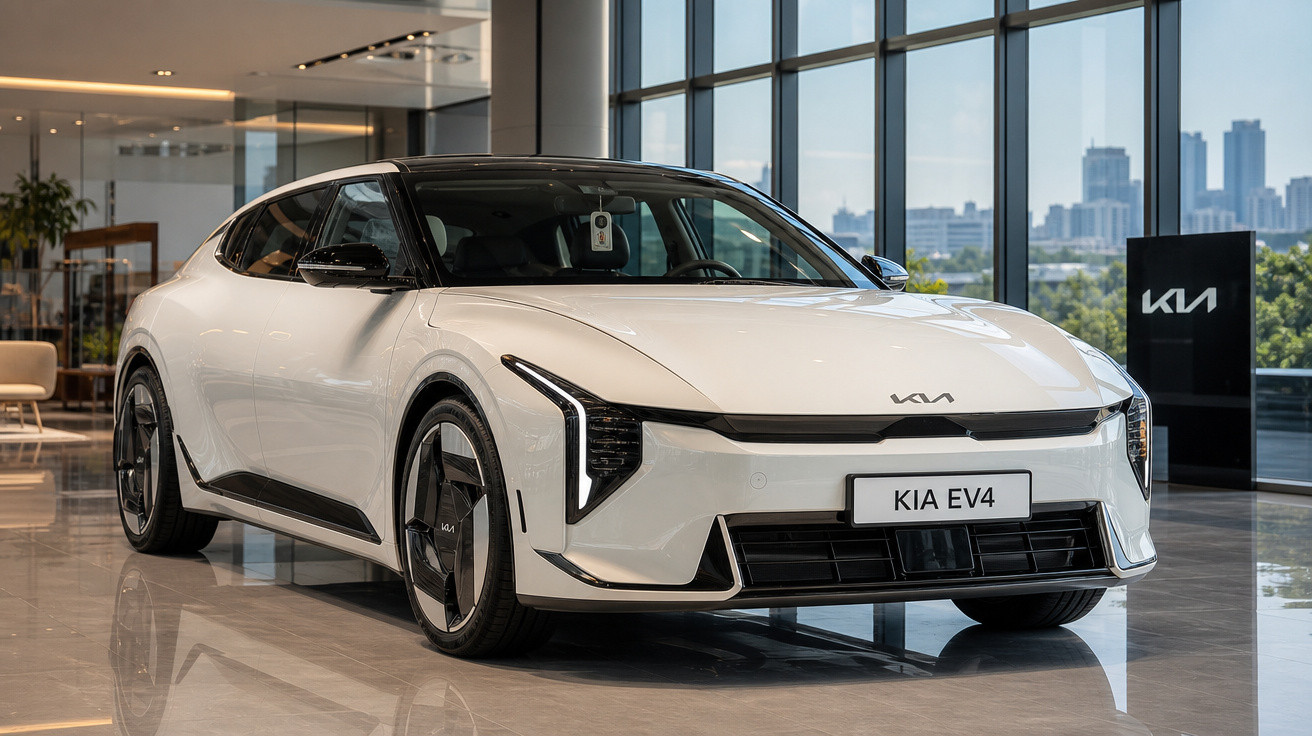 Carro elétrico branco Kia EV4 exibido numa sala de exposição moderna com janelas panorâmicas.