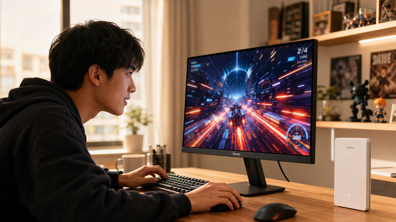 Jovem a jogar videojogo futurista num computador de secretária num ambiente luminoso e organizado.