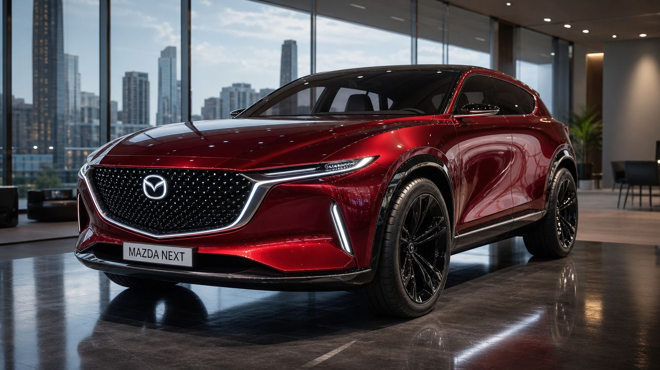Carro SUV vermelho Mazda Next exposto em ambiente moderno, com janelas vidradas e vista urbana ao fundo.