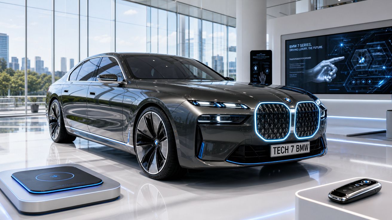 Carro elétrico BMW Série 7 preto exposto em showroom moderno com tecnologia avançada.