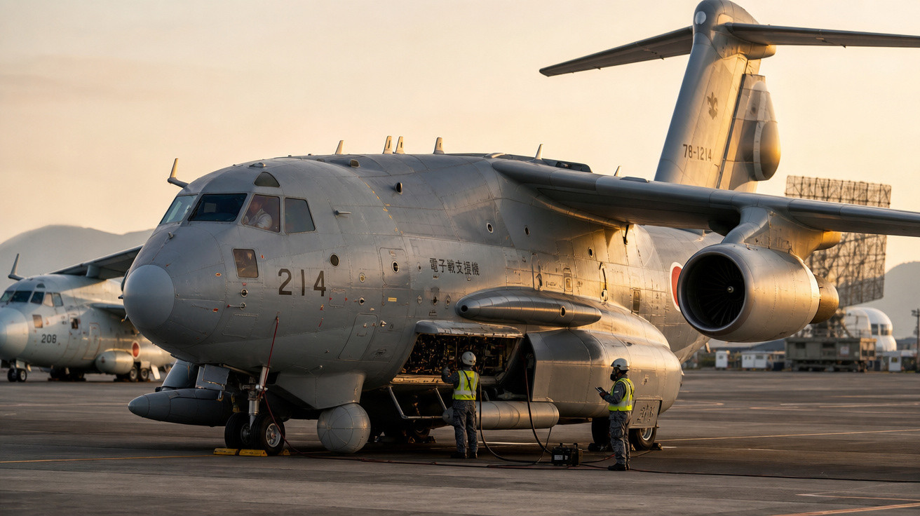 Avião militar cinzento estacionado com dois técnicos em coletes de segurança no solo ao pôr do sol.