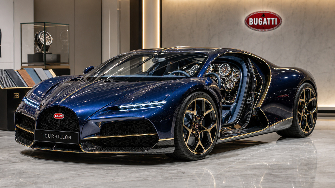Automóvel Bugatti Tourbillon azul escuro com porta aberta em exposição interior moderna.