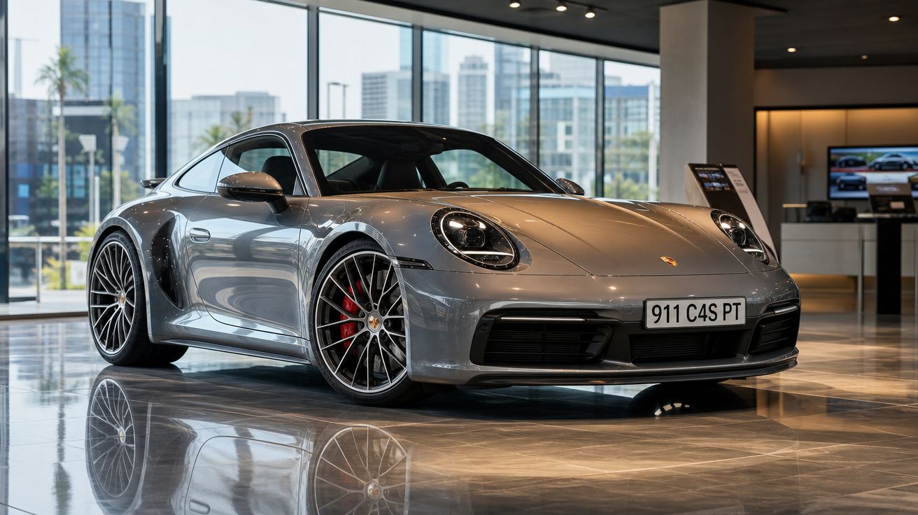 Automóvel Porsche 911 prata estacionado em interior moderno com janelas amplas e piso refletor.