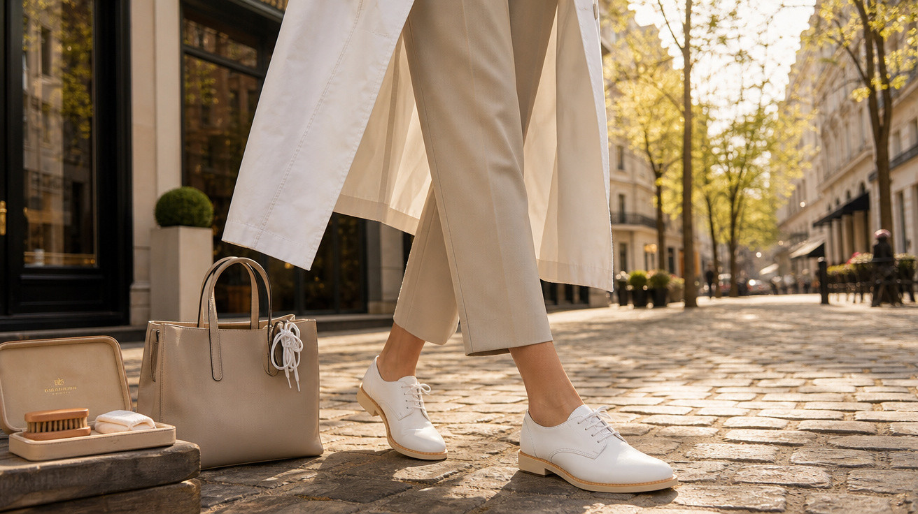 Pessoa com calças bege e casaco comprido branco a caminhar numa rua de calçada com sapatos brancos elegantes.