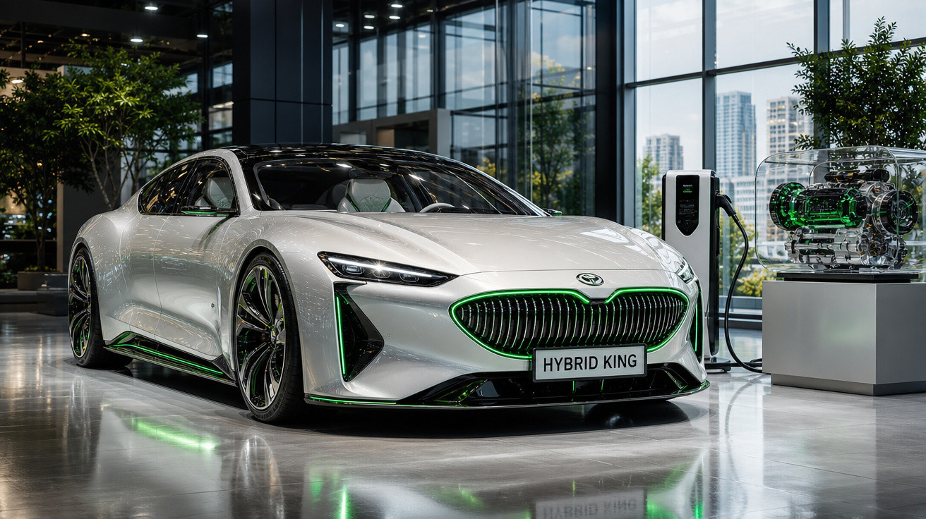 Carro híbrido branco de luxo em exposição, com detalhes verdes e motor transparente ao lado.