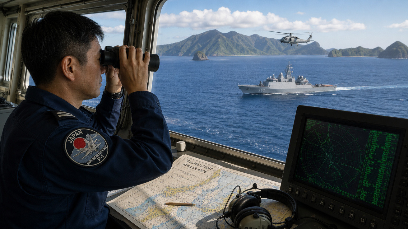 Homem da marinha japonesa observa navio e helicóptero através de binóculos na ponte de comando.