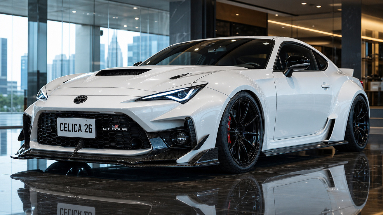 Carro desportivo branco Toyota GR GT-Four com rodas pretas exposto num piso refletor dentro de um edifício moderno.
