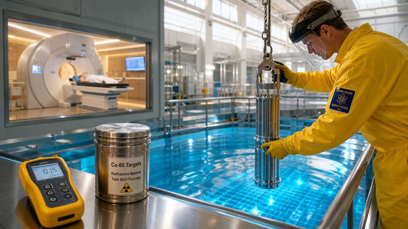 Técnico com equipamento de proteção manuseia material radioativo perto de piscina de contenção em laboratório nuclear.