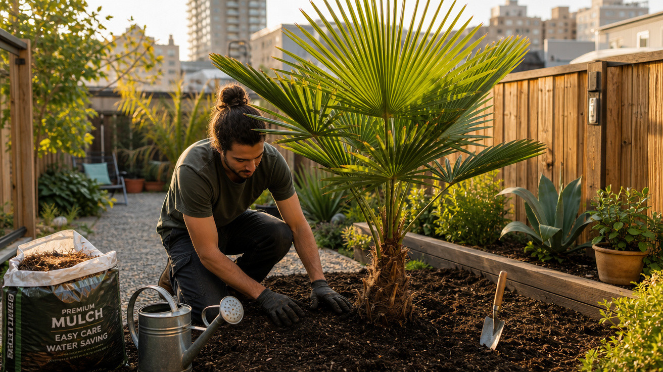 Homem a cuidar do solo junto a uma palmeira pequena num jardim urbano com plantas e edifícios ao fundo.