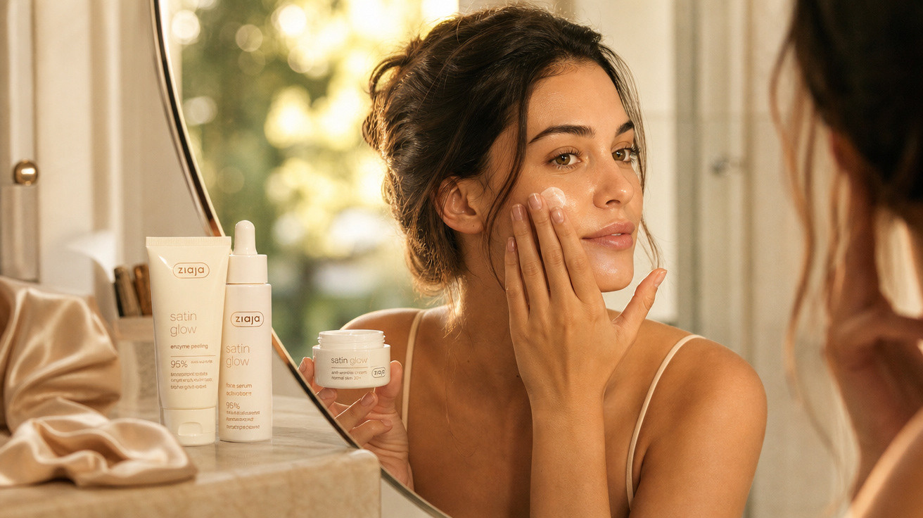 Mulher a aplicar creme hidratante no rosto em frente a um espelho, com produtos de skincare ao lado.