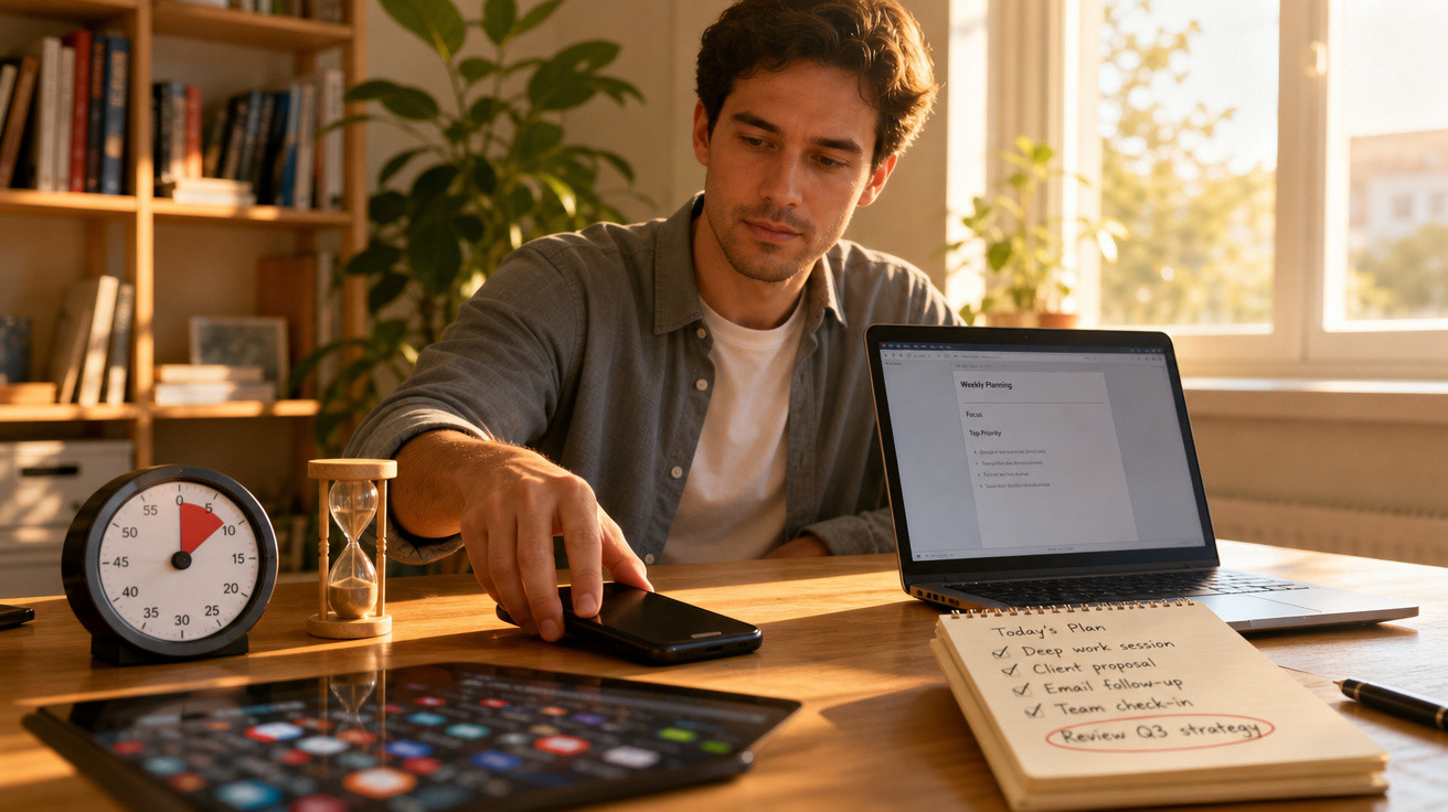 Homem a trabalhar numa secretária com computador, bloco de notas, tablet e cronómetro numa divisão iluminada pelo sol.