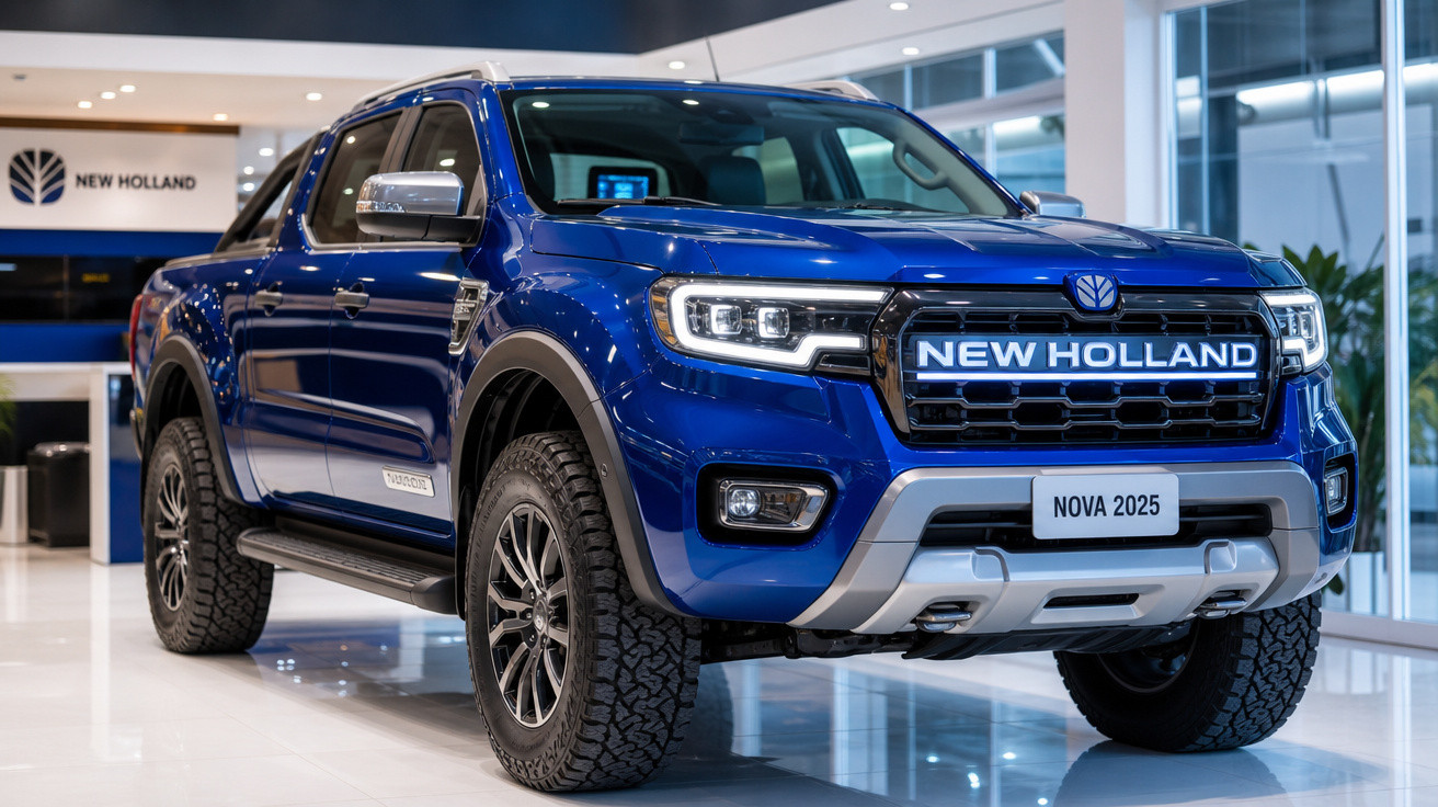 Picape azul New Holland Nova 2025 em exposição num showroom moderno e iluminado.