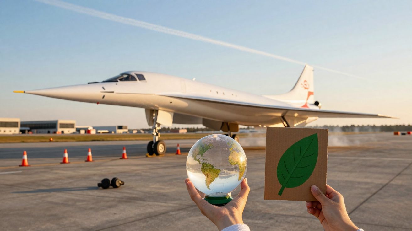 Avião supersónico branco numa pista com mãos segurando um globo terrestre e cartão com folha verde.