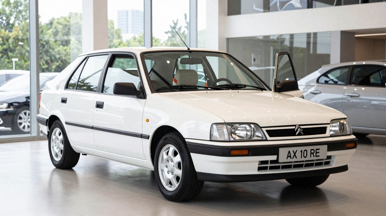 Carro Citroën AX 10 RE branco estacionado em sala de exposição com porta dianteira aberta.