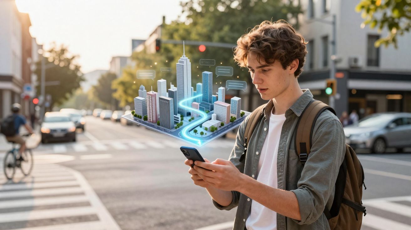 Jovem usa telemóvel com mapa virtual tridimensional e edifícios à sua frente numa rua da cidade.