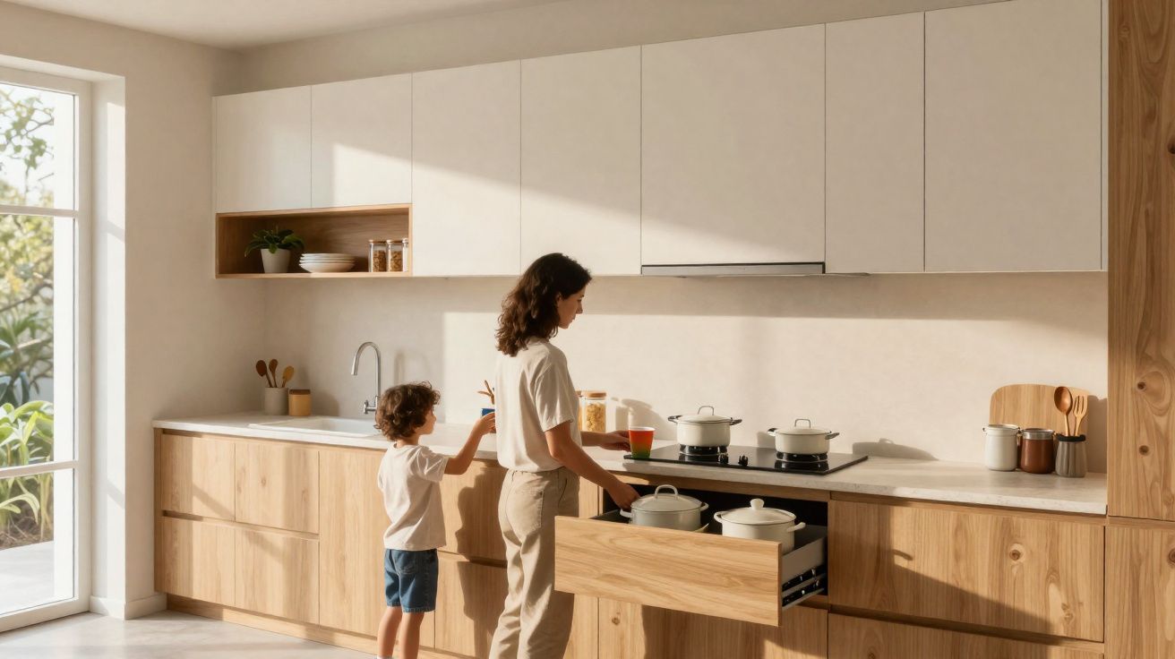 Mãe e filho numa cozinha moderna, a organizar tachos em gaveta de armário de madeira clara.