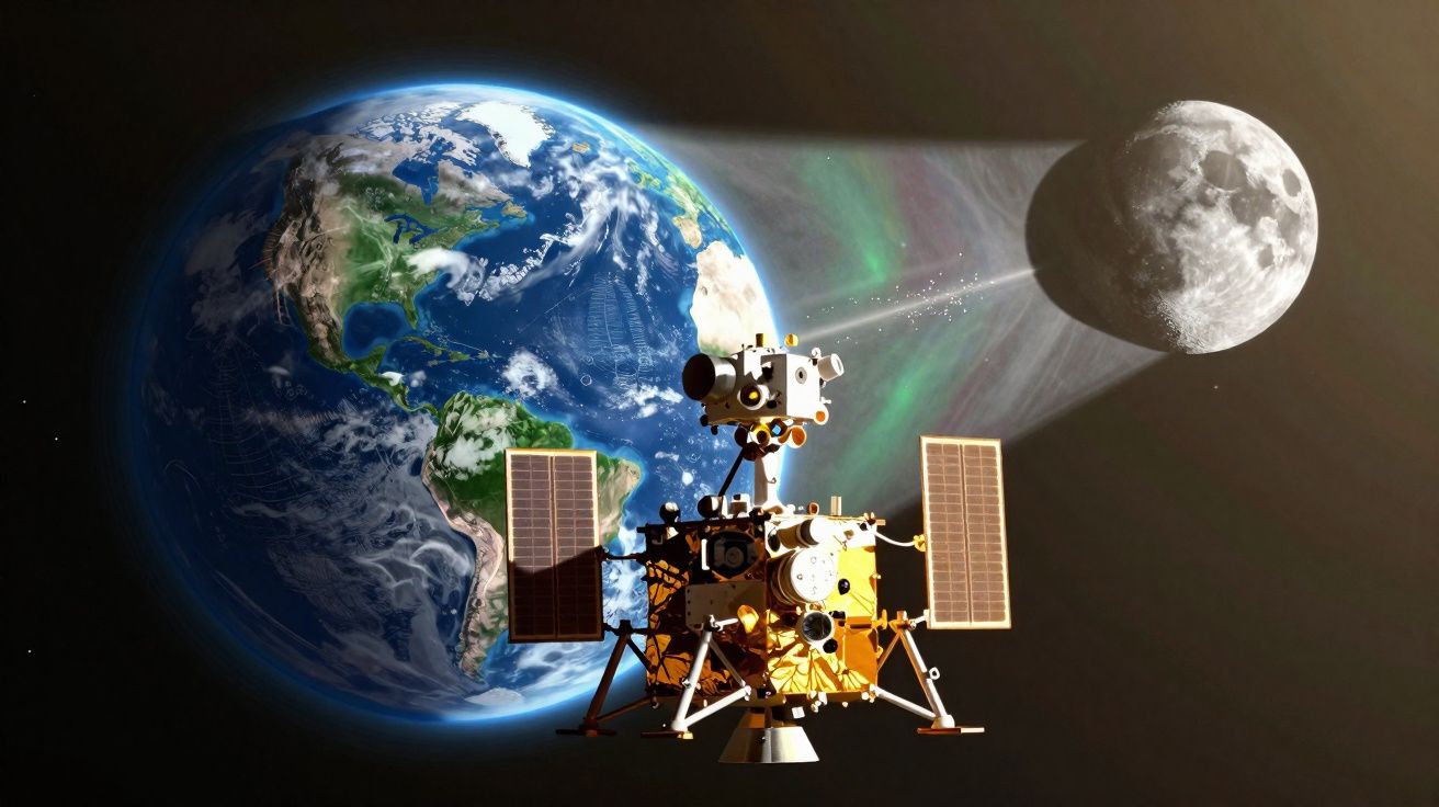 Sonda espacial com painéis solares entre a Terra e a Lua, irradiando luz em direção à Lua.