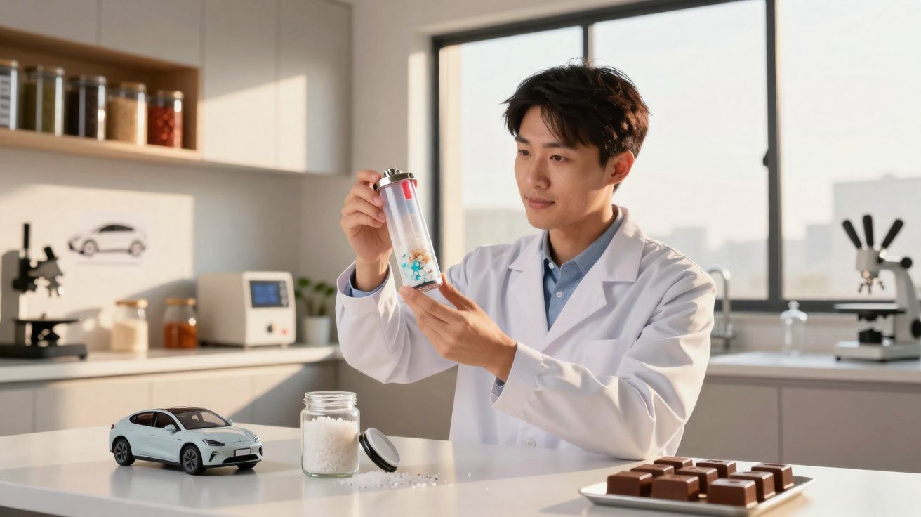 Cientista em bata branca analisa recipiente com moléculas, com miniatura de carro e chocolates na mesa de laboratório.