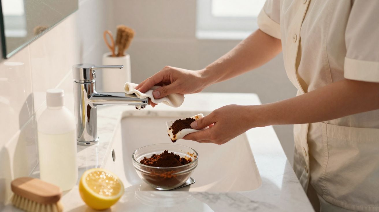Pessoa a limpar misturador de cozinha com pano, com tigela de café moído e meio limão na bancada.