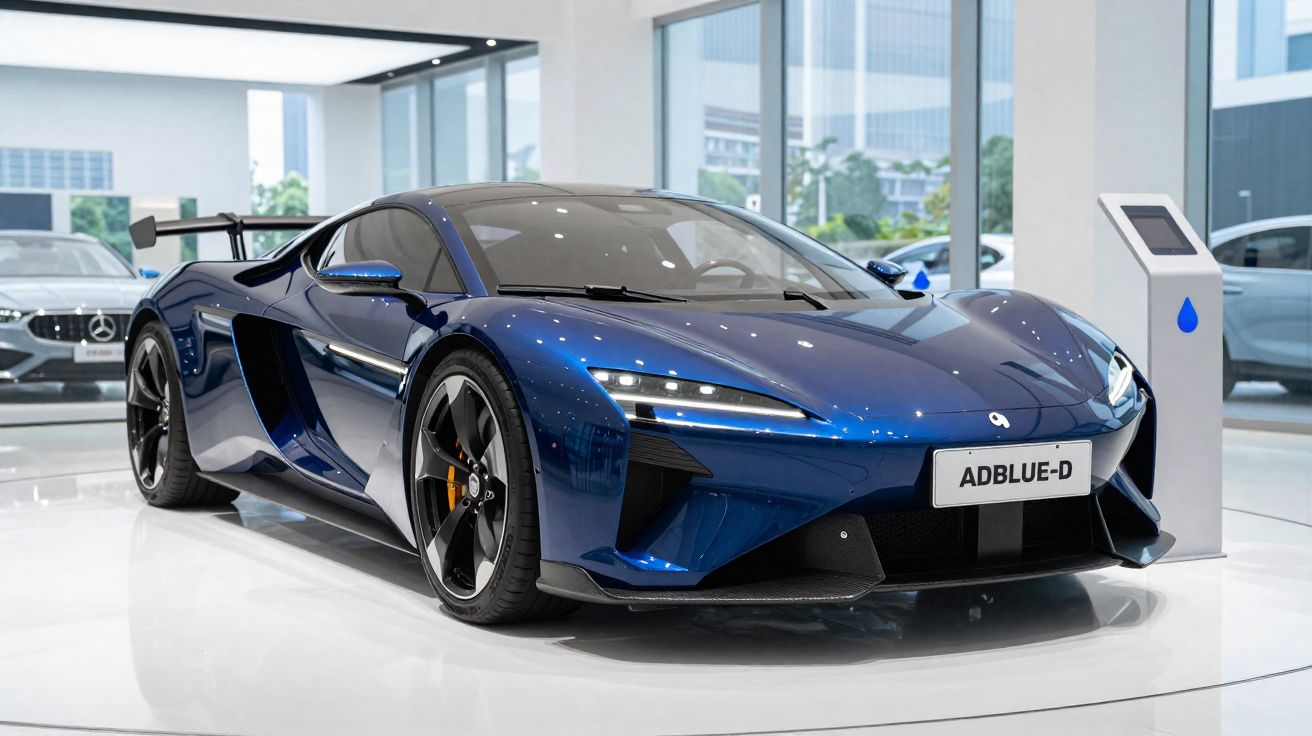 Carro desportivo azul metalizado em exposição numa sala com iluminação natural e vidros grandes.