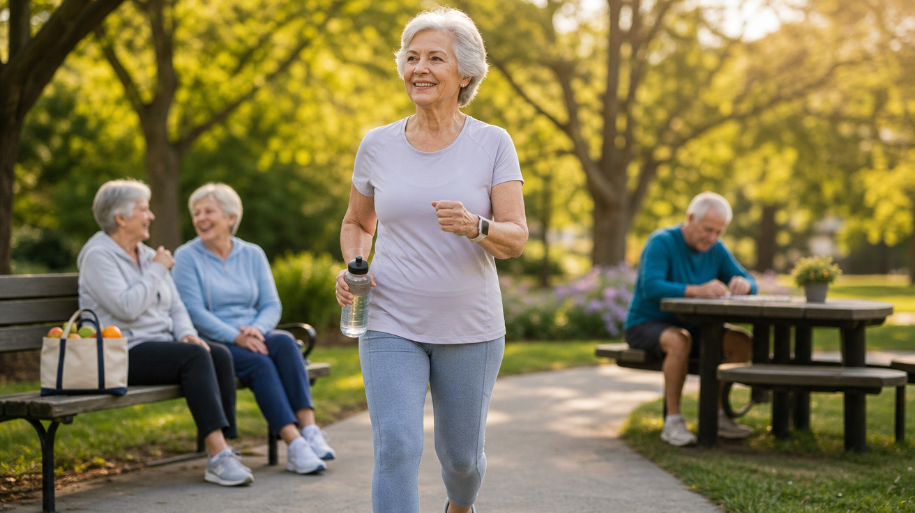 Mulher sénior a correr num parque com outras pessoas sentadas em bancos a conversar e relaxar.
