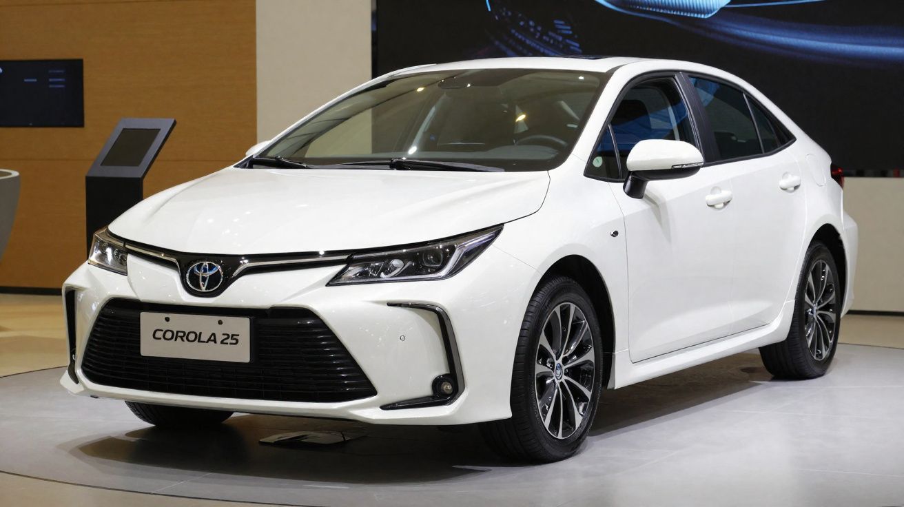 Automóvel Toyota Corolla 25 branco exposto numa sala moderna com luz branca direcionada.
