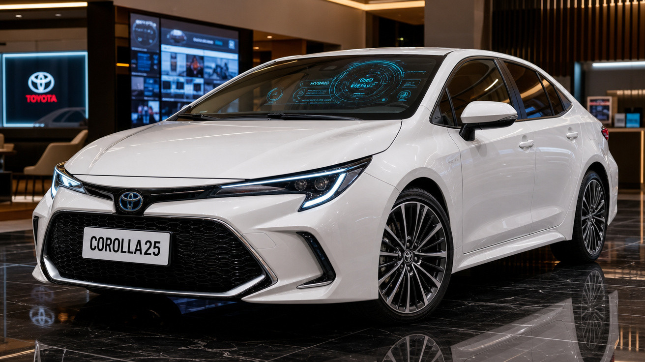 Carro branco Toyota Corolla 25 híbrido em exposição num showroom moderno e iluminado.