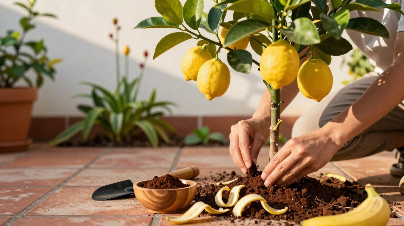 Pessoa a cuidar da terra à volta de um limoeiro com limões maduros num terraço.