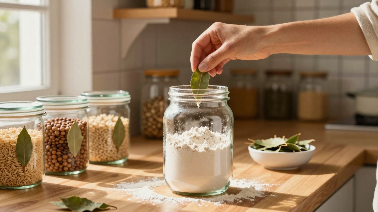Mão a colocar uma folha de louro num frasco de vidro com farinha numa cozinha iluminada.