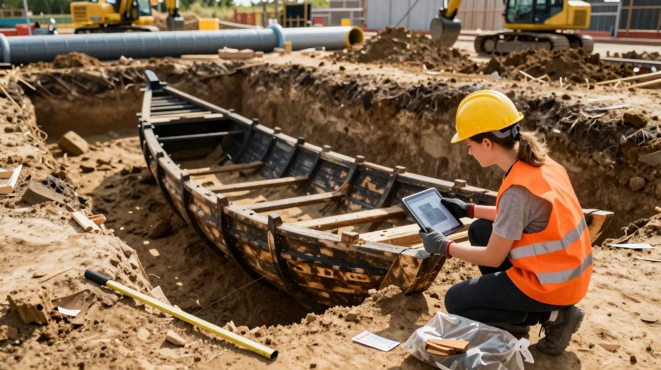 Arqueóloga com colete e capacete examina tablet ao lado de escavação com barco antigo de madeira.