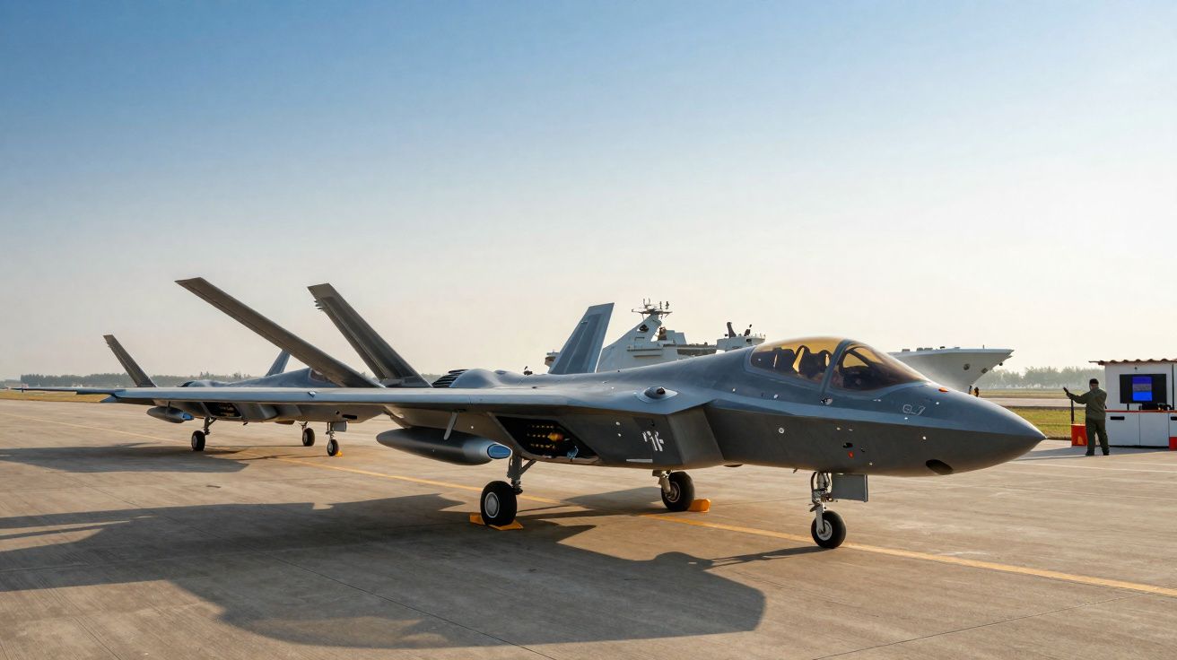 Aviões de combate modernos estacionados num aeródromo sob céu claro ao amanhecer.