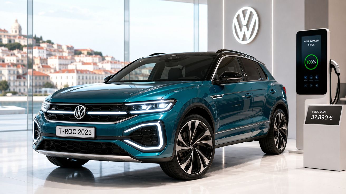Volkswagen T-Roc 2025 azul em salão moderno com carregador elétrico e preço de 37.890 euros.