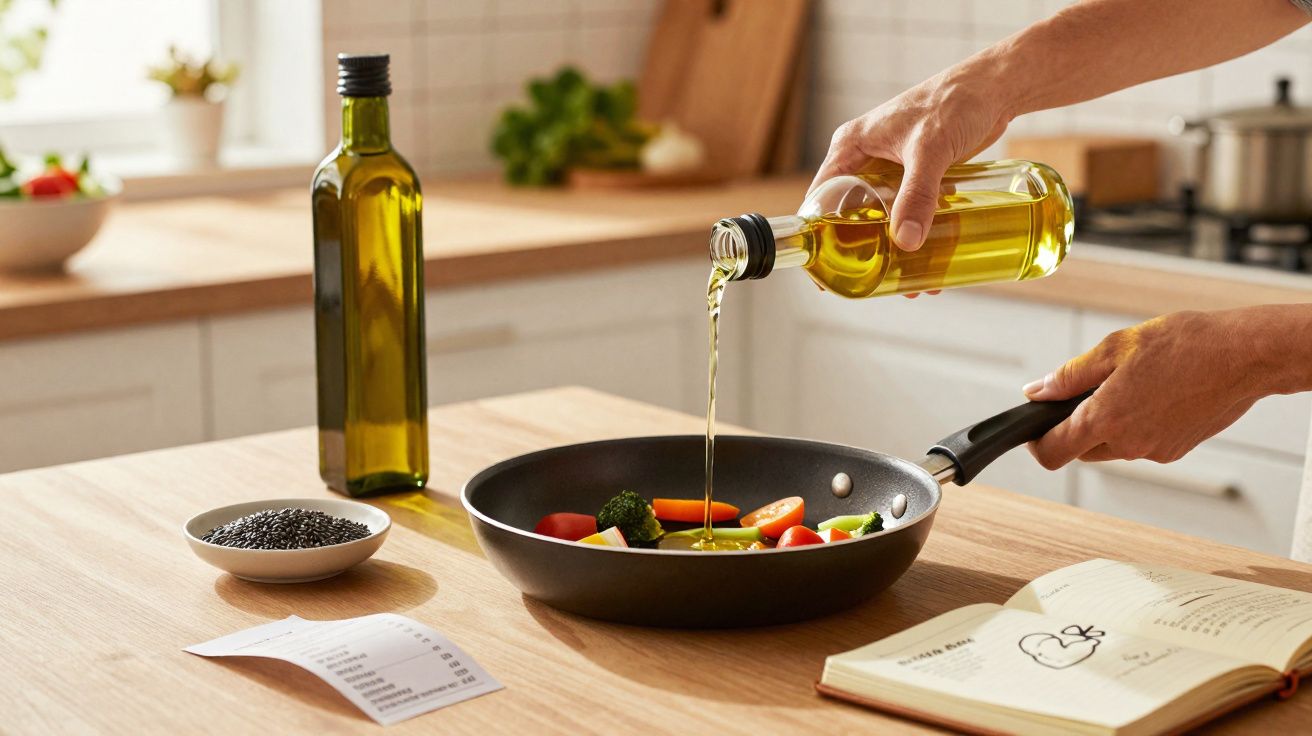 Pessoa a deitar azeite numa frigideira com legumes numa cozinha moderna iluminada pela luz natural.