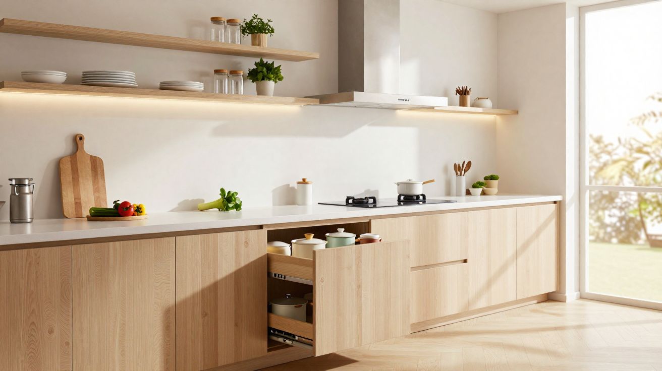 Cozinha moderna com armários em madeira clara, utensílios organizados e luz natural a entrar pela janela.