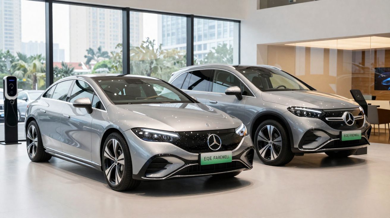 Dois carros elétricos Mercedes-Benz EQE prata expostos numa showroom moderna.