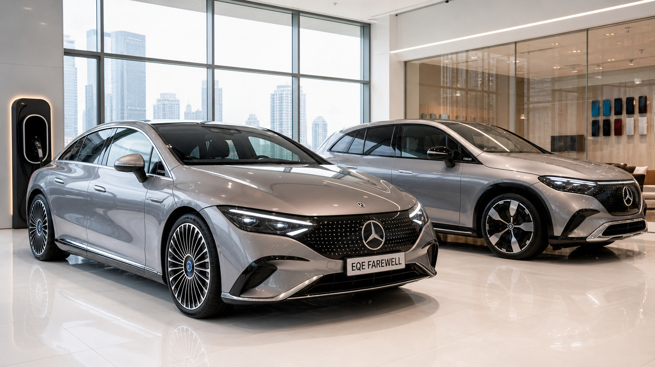 Dois carros elétricos Mercedes-Benz cinzentos expostos num showroom moderno com vista para a cidade.