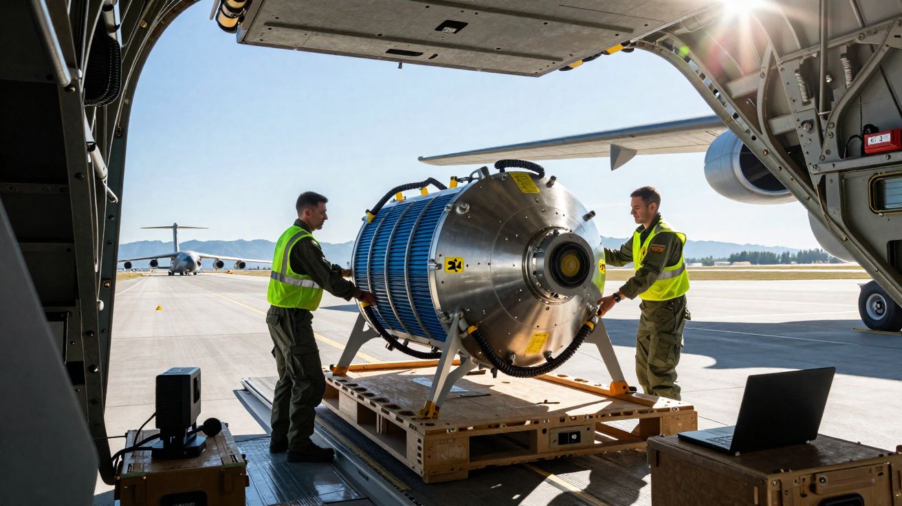Dois trabalhadores com coletes de segurança manipulam um motor de avião dentro de uma aeronave no aeroporto.