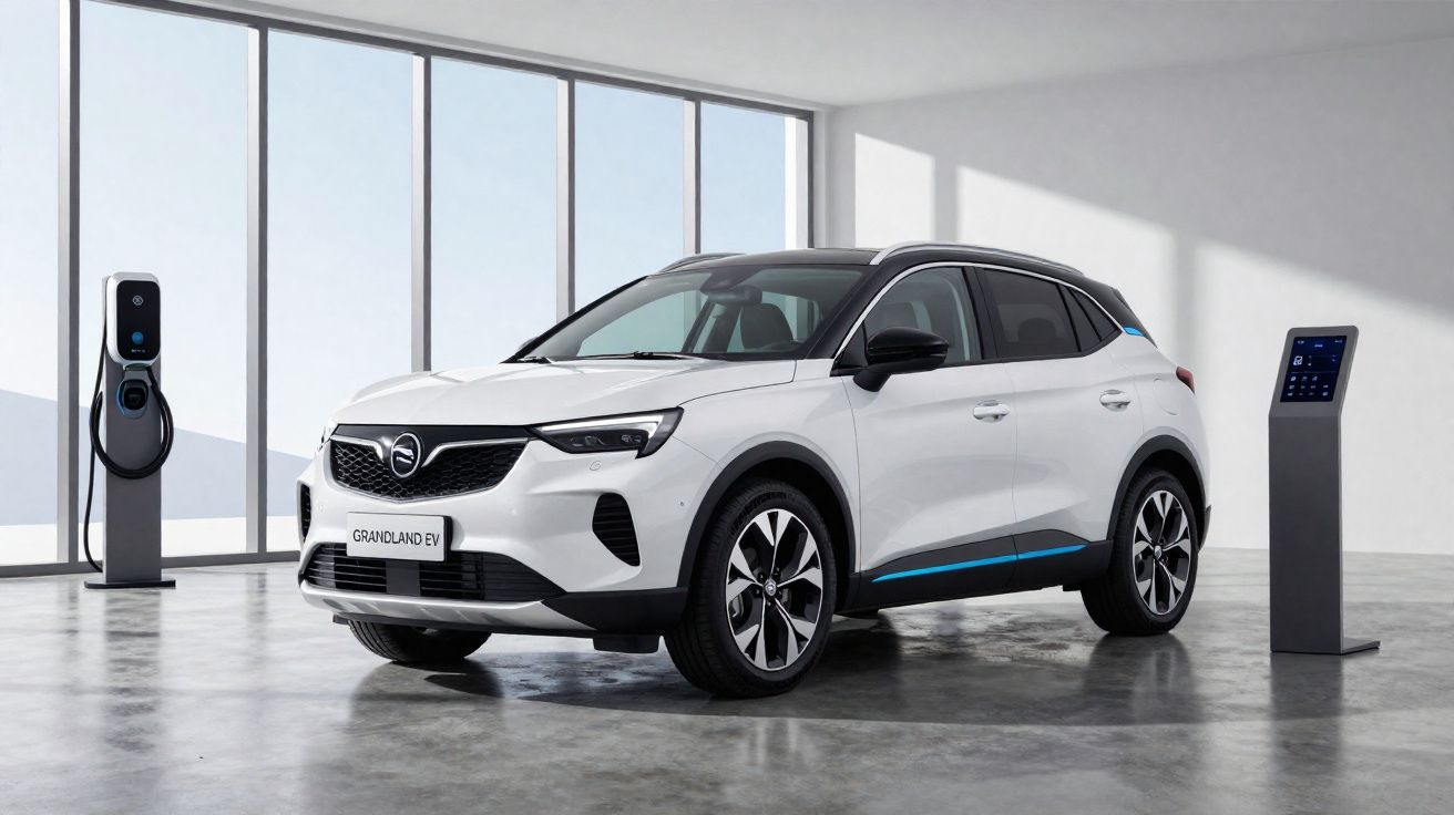 Carro elétrico branco Opel Grandland EV num espaço amplo com estação de carregamento e painel digital.