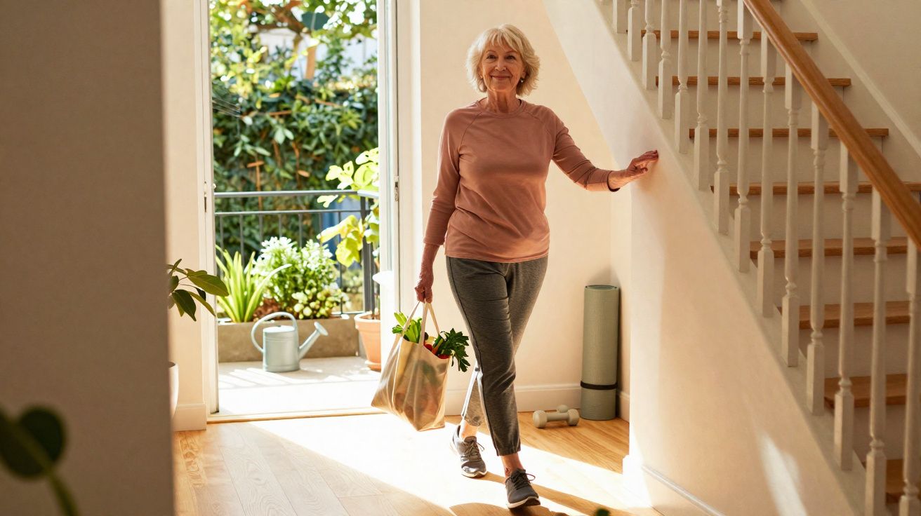 Senhora idosa a entrar em casa com saco de compras e plantas, sorridente e descontraída, junto a uma escada.