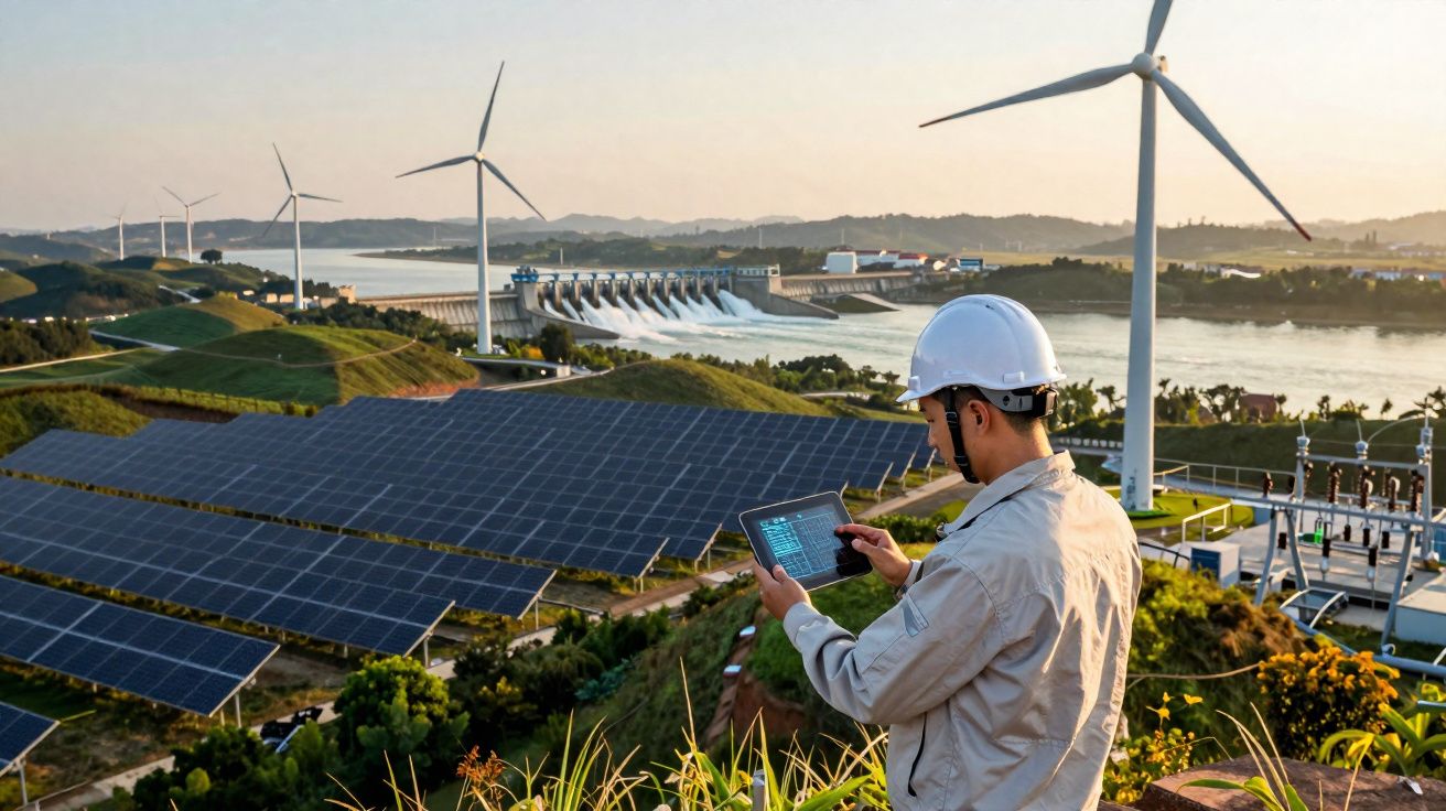 Engenheiro com capacete usa tablet numa central de energia renovável com painéis solares e turbinas eólicas.
