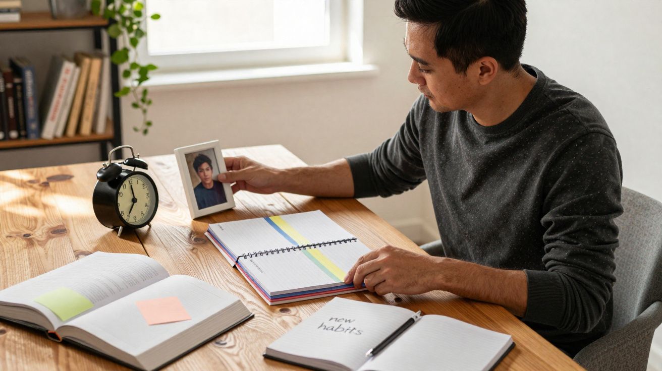 Homem sentado a estudar numa mesa com livros, caderno, despertador e segurando uma moldura com foto.