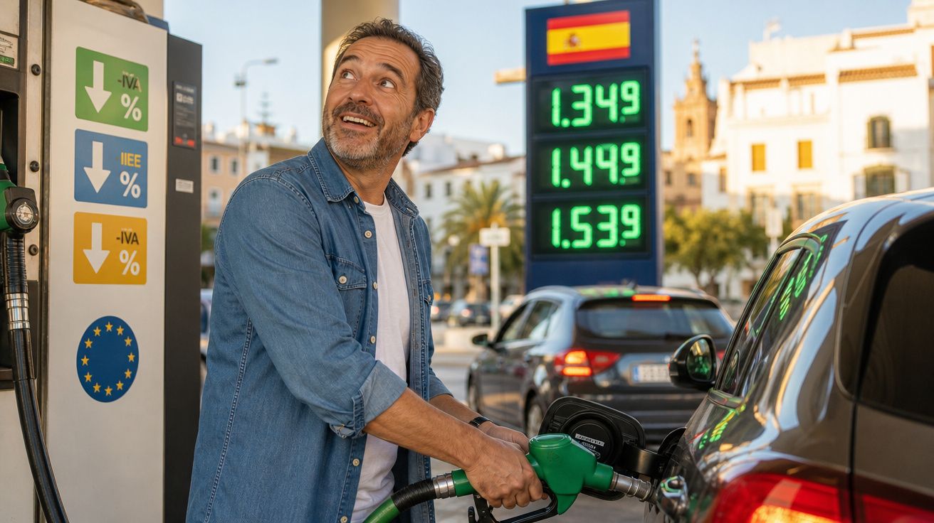Homem feliz abastece carro com gasolina verde numa bomba de combustível em Espanha, com preços visíveis ao fundo.