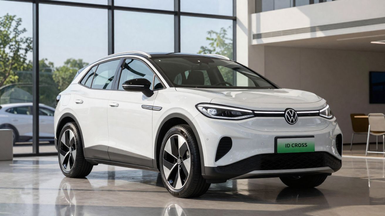 Volkswagen ID Cross branco estacionado em showroom moderno com janelas amplas e luz natural.