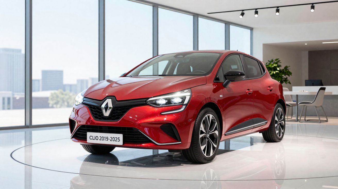 Renault Clio vermelho modelo 2019-2025 em exposição numa sala moderna com janelas amplas.