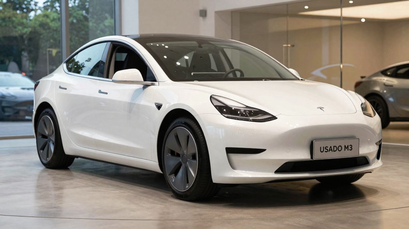 Carro elétrico Tesla Model 3 branco estacionado numa exposição interior com luz ambiente.