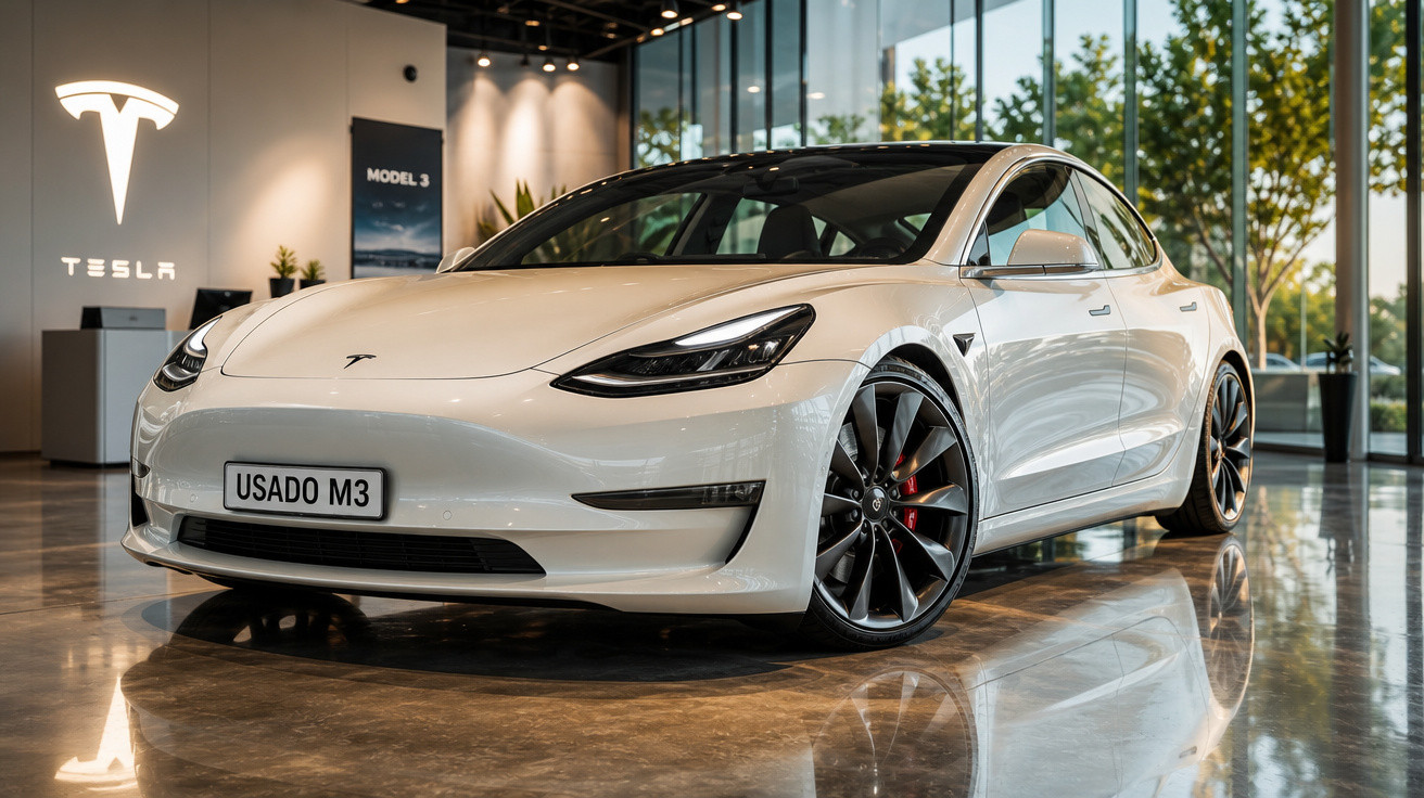 Carro elétrico Tesla Model 3 branco em exposição numa loja moderna com janelas grandes.