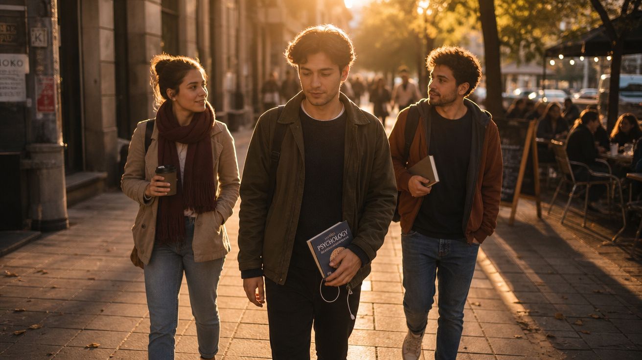 Três jovens com mochilas caminham na rua ao entardecer, um segura um livro sobre psicologia.
